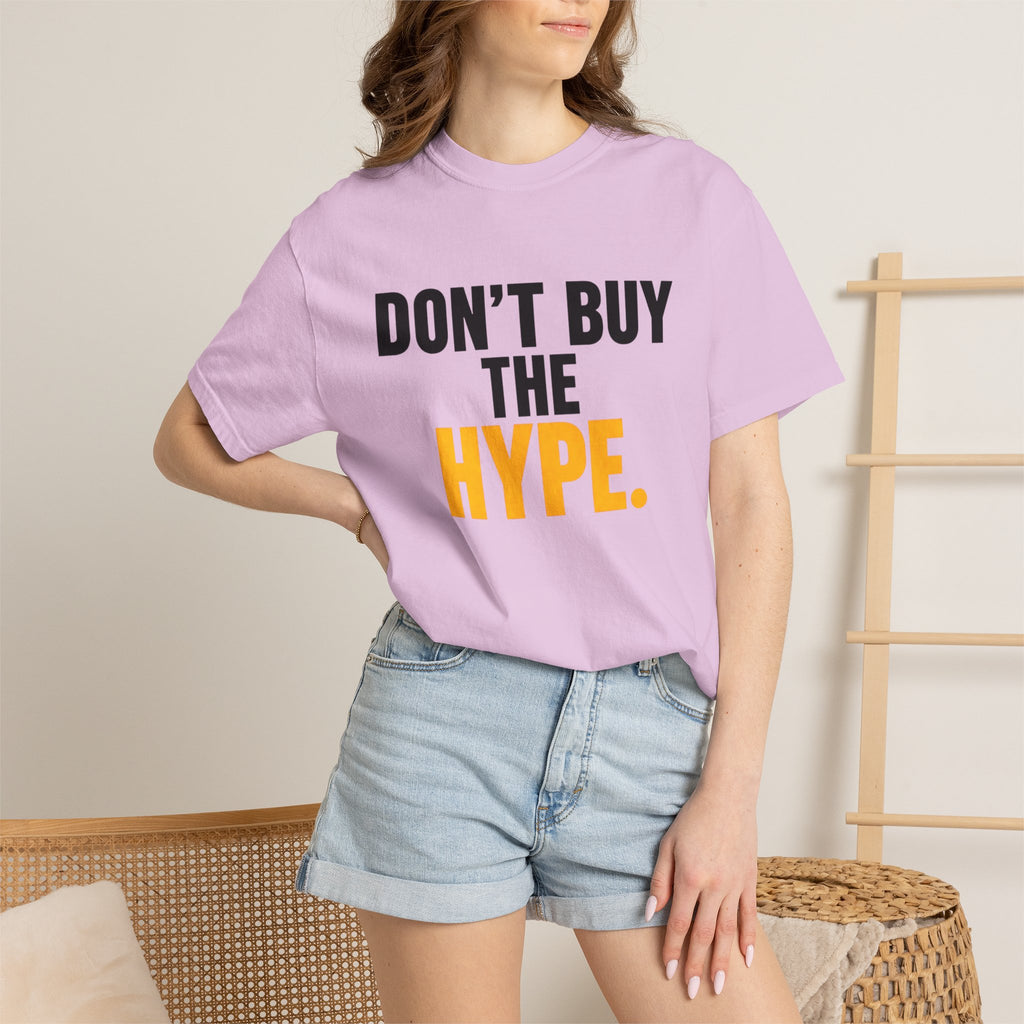 Don't Buy the Hype T-shirt | Typography Statement Tee, Black & Yellow Text