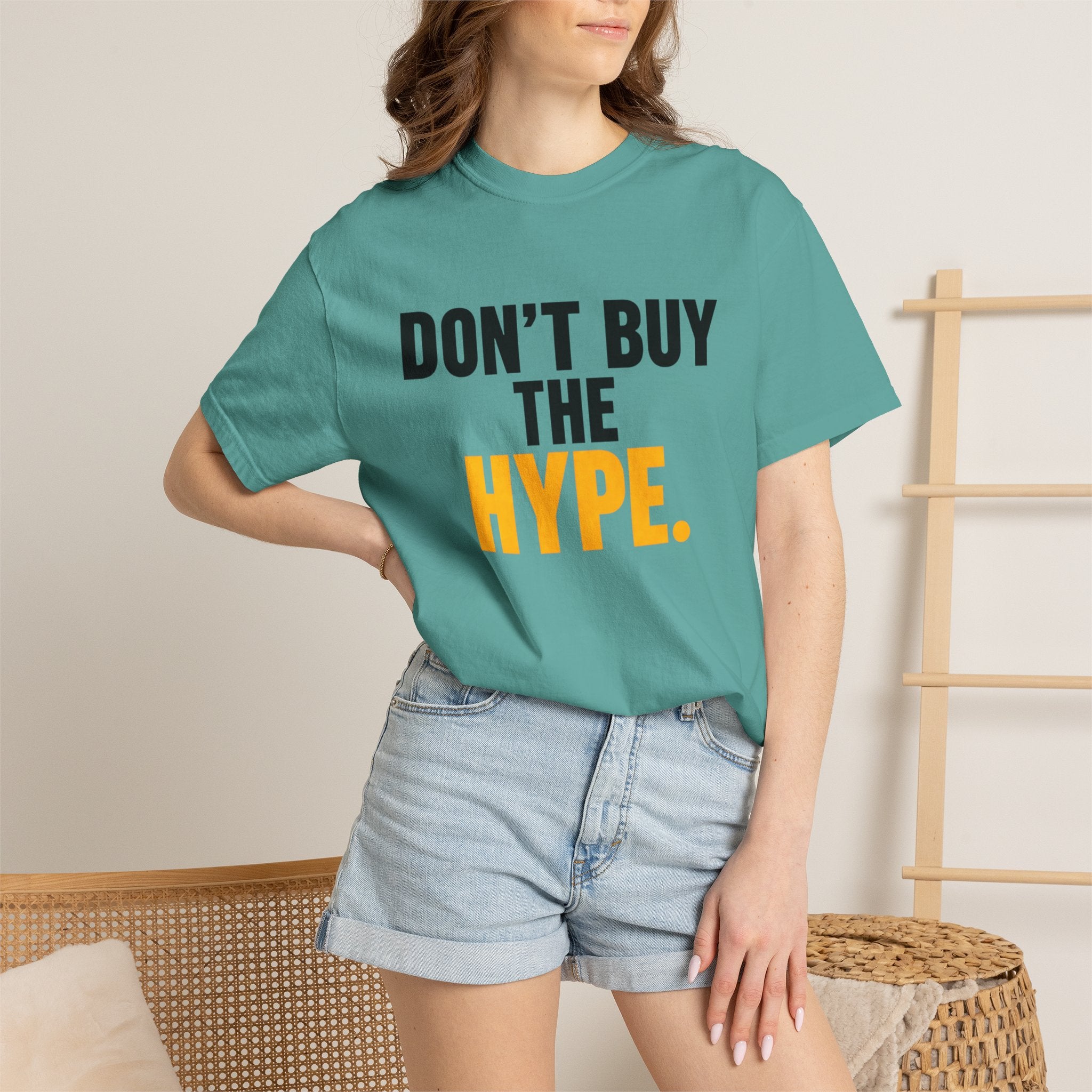 Don't Buy the Hype T-shirt | Typography Statement Tee, Black & Yellow Text