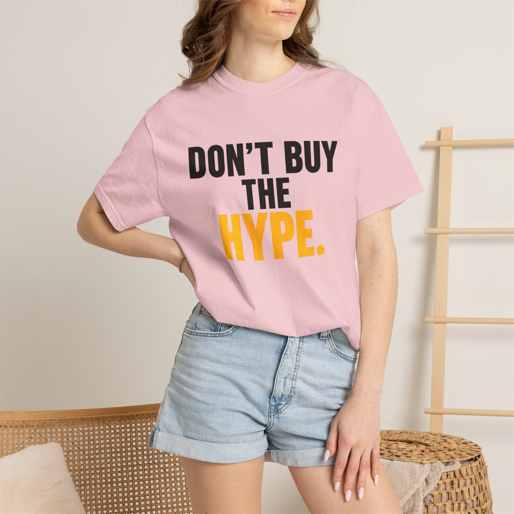 Don't Buy the Hype T-shirt | Typography Statement Tee, Black & Yellow Text