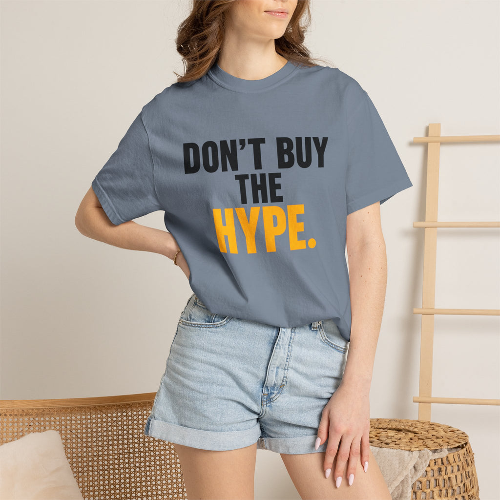 Don't Buy the Hype T-shirt | Typography Statement Tee, Black & Yellow Text
