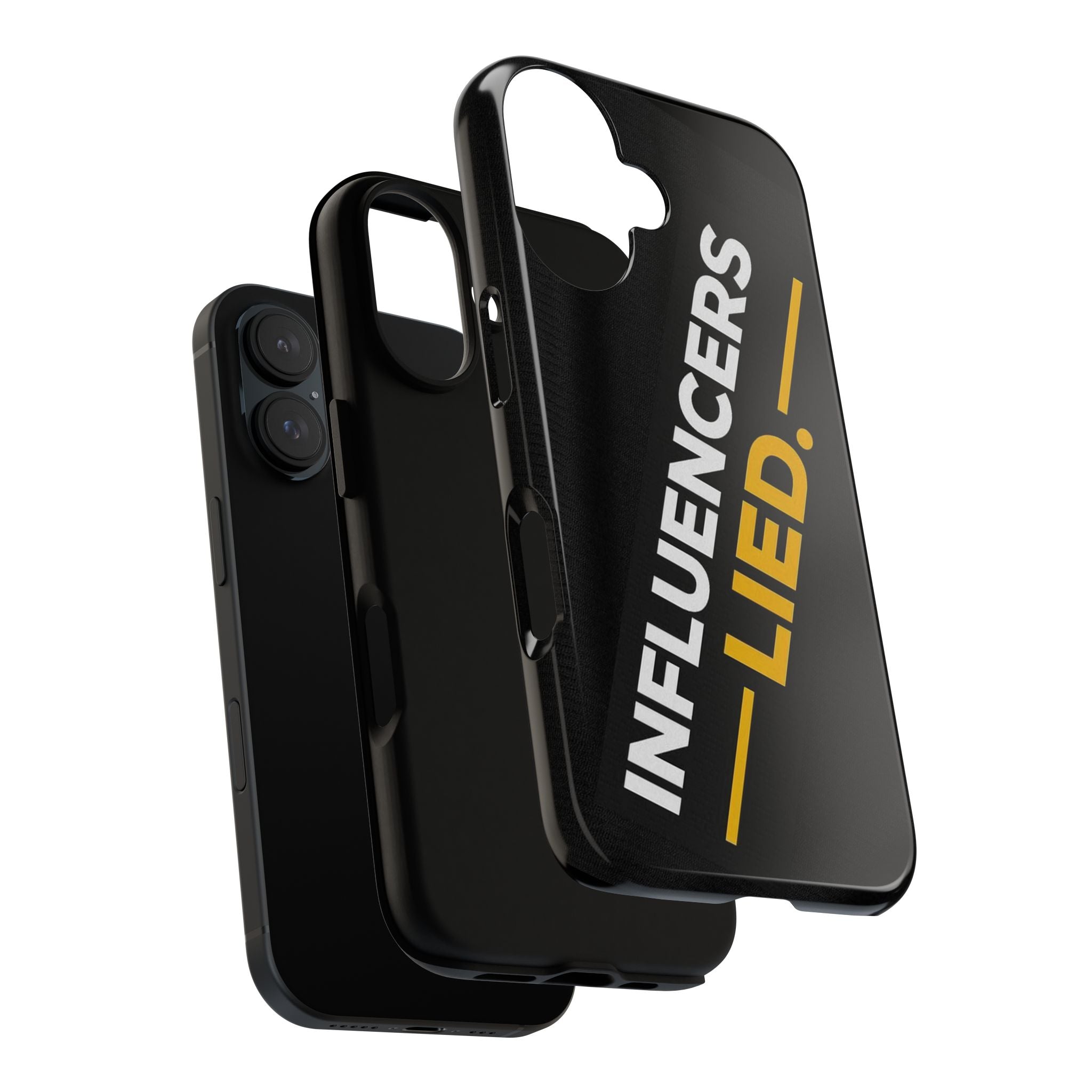 INFLUENCERS LIED phone case | Bold Slanted Text, Black & Gold