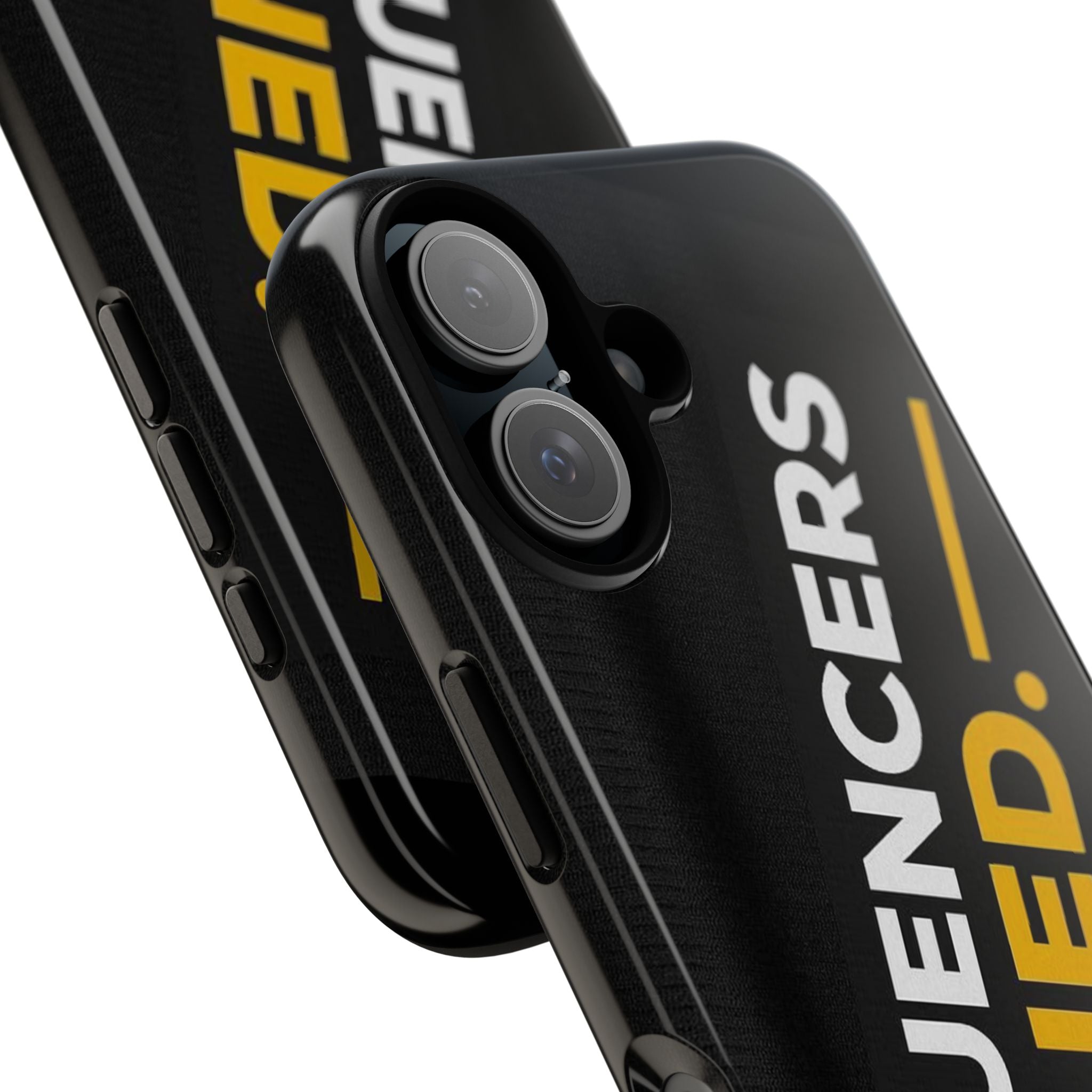 INFLUENCERS LIED phone case | Bold Slanted Text, Black & Gold