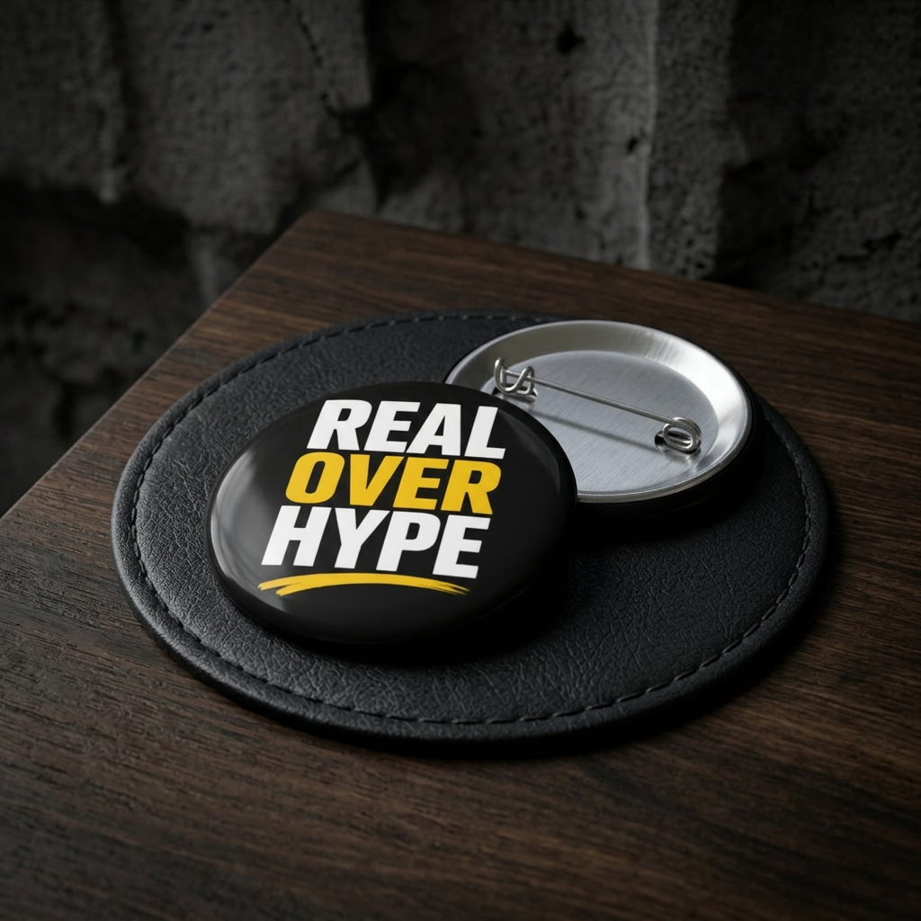 Pin Button — "Real Over Hype" Bold Statement Button