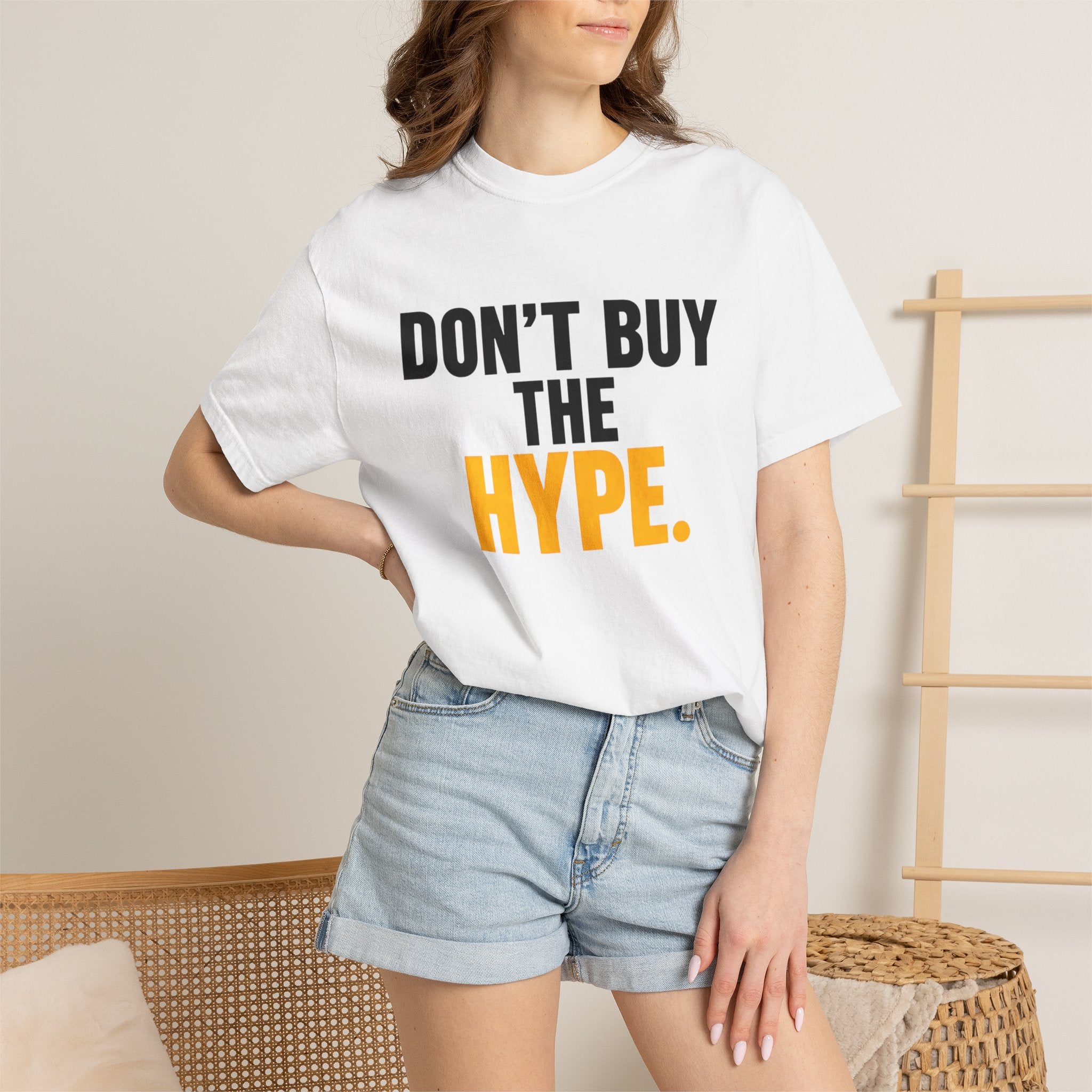 Don't Buy the Hype T-shirt | Typography Statement Tee, Black & Yellow Text