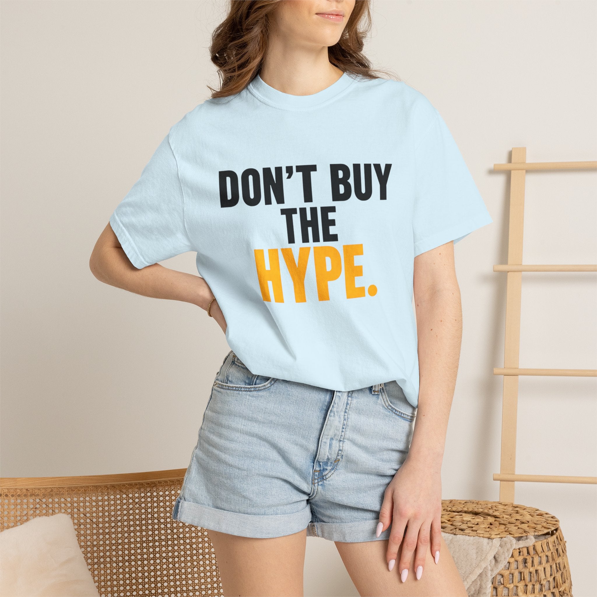 Don't Buy the Hype T-shirt | Typography Statement Tee, Black & Yellow Text