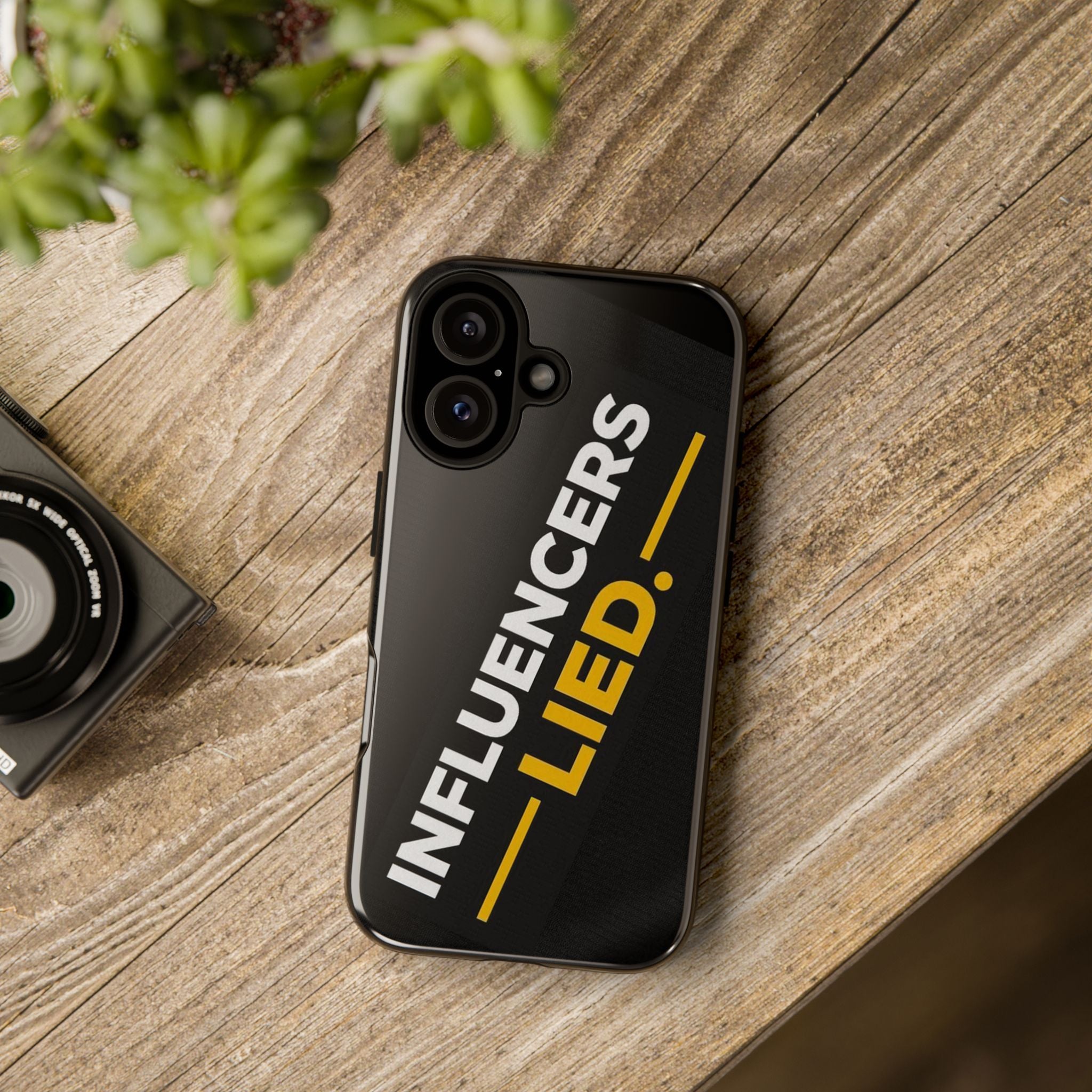 INFLUENCERS LIED phone case | Bold Slanted Text, Black & Gold