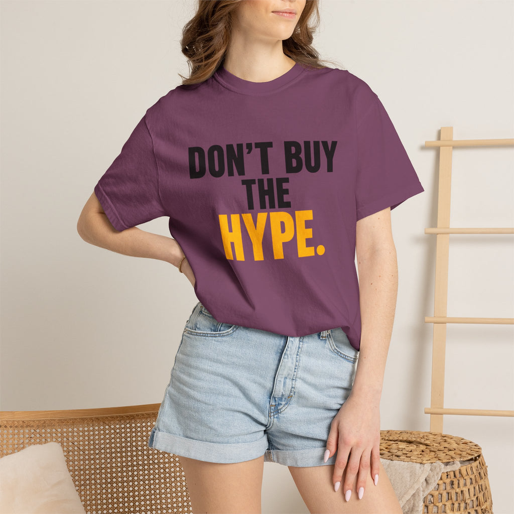 Don't Buy the Hype T-shirt | Typography Statement Tee, Black & Yellow Text
