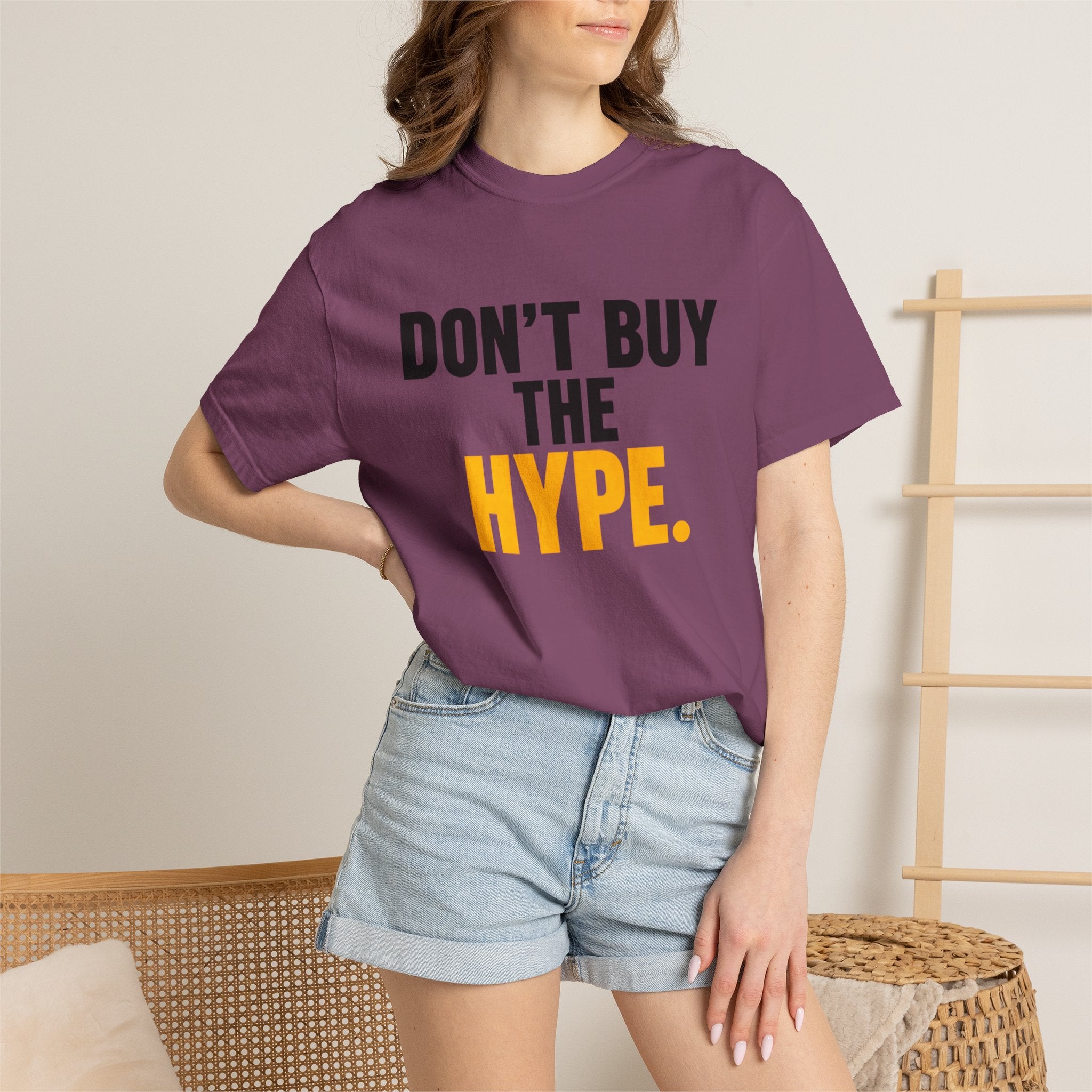 Don't Buy the Hype T-shirt | Typography Statement Tee, Black & Yellow Text