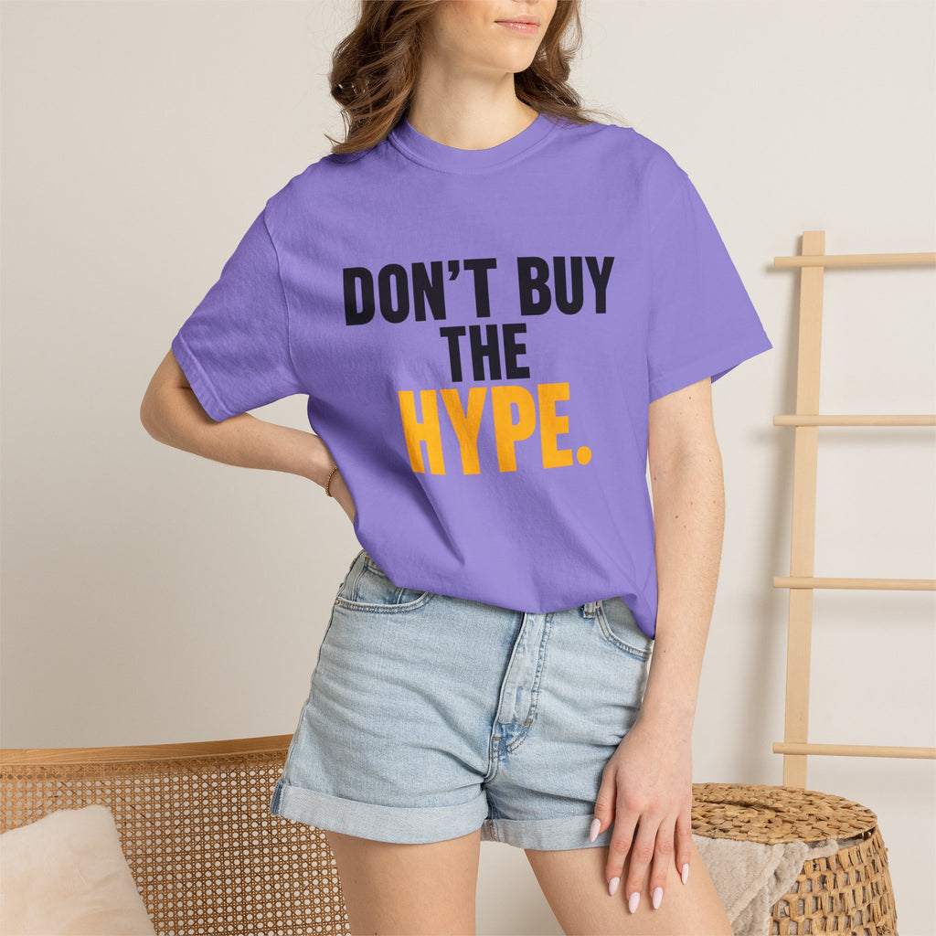 Don't Buy the Hype T-shirt | Typography Statement Tee, Black & Yellow Text