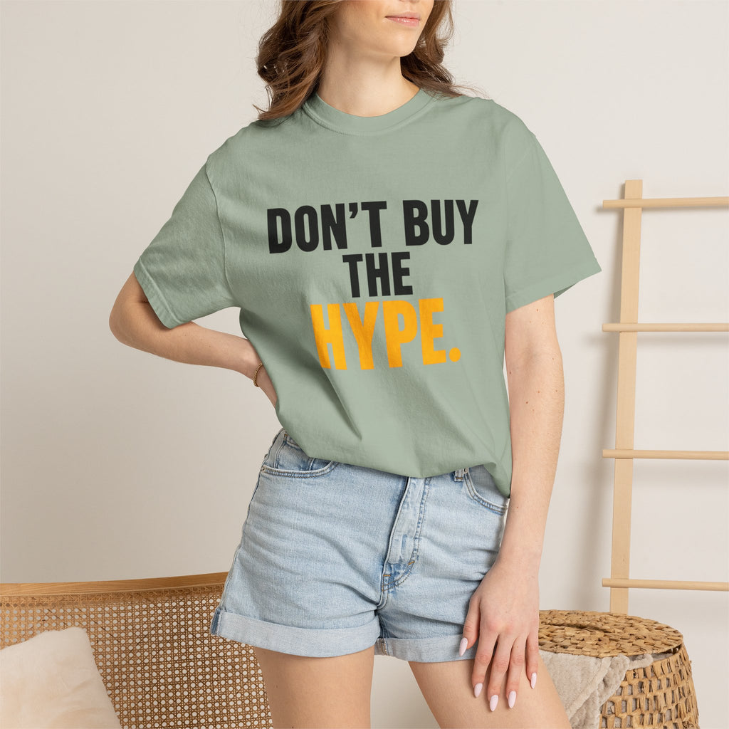 Don't Buy the Hype T-shirt | Typography Statement Tee, Black & Yellow Text