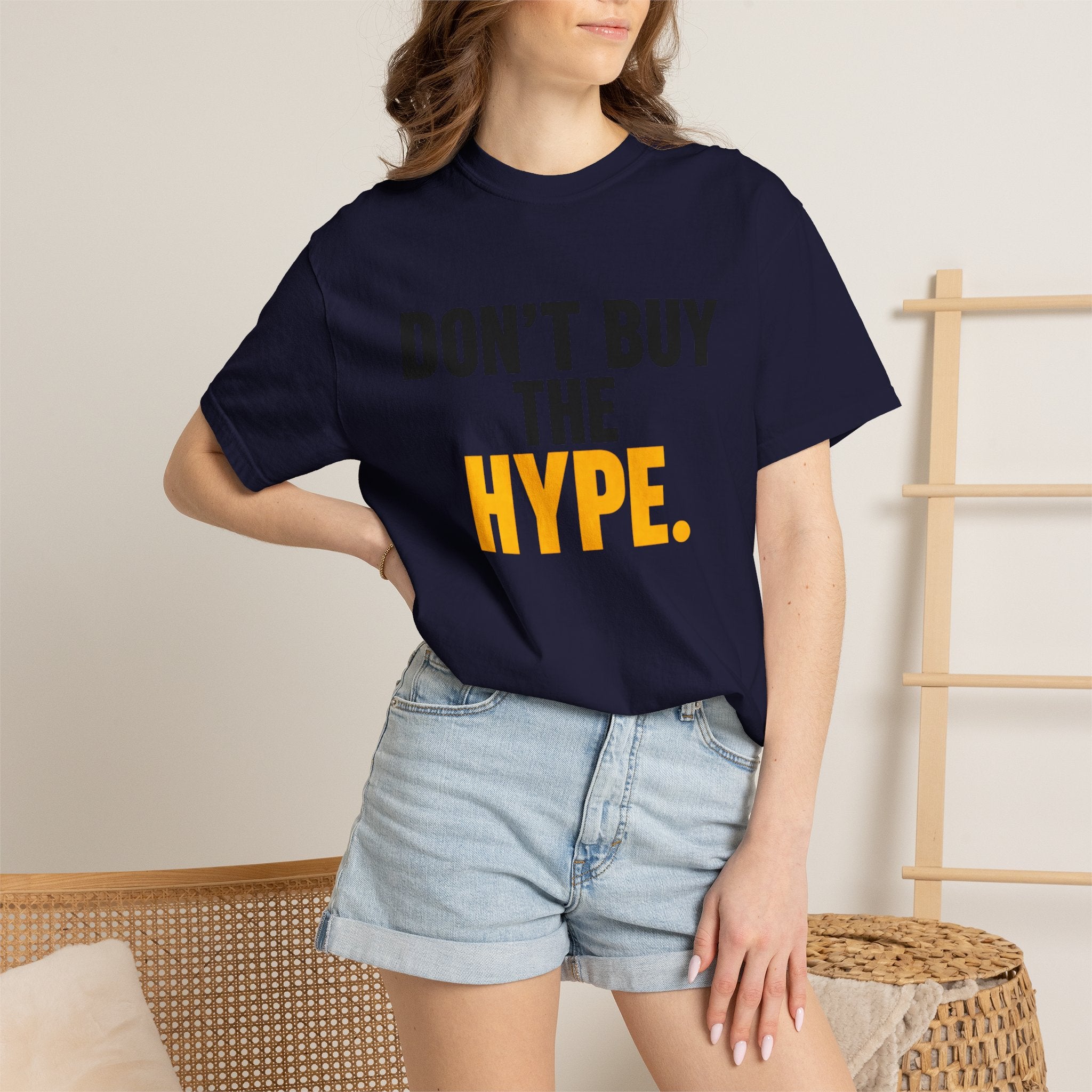 Don't Buy the Hype T-shirt | Typography Statement Tee, Black & Yellow Text