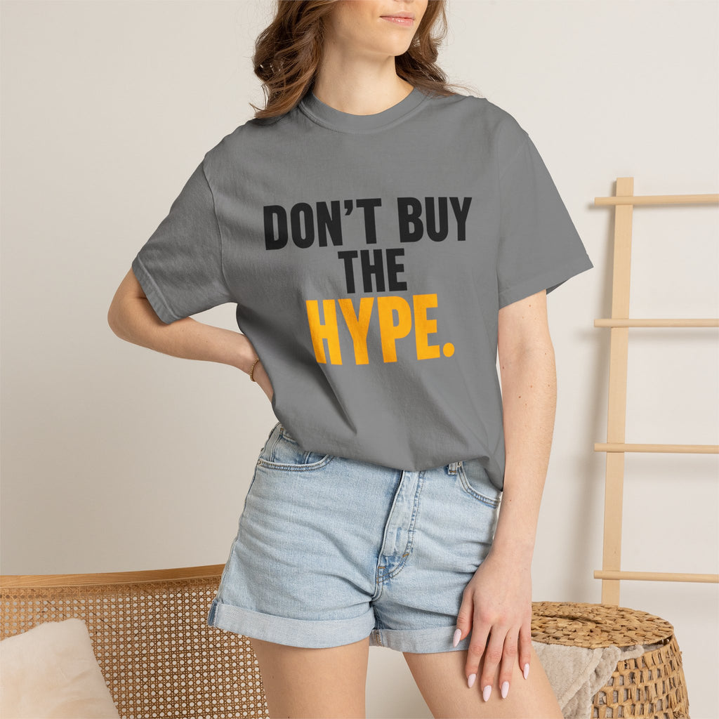 Don't Buy the Hype T-shirt | Typography Statement Tee, Black & Yellow Text