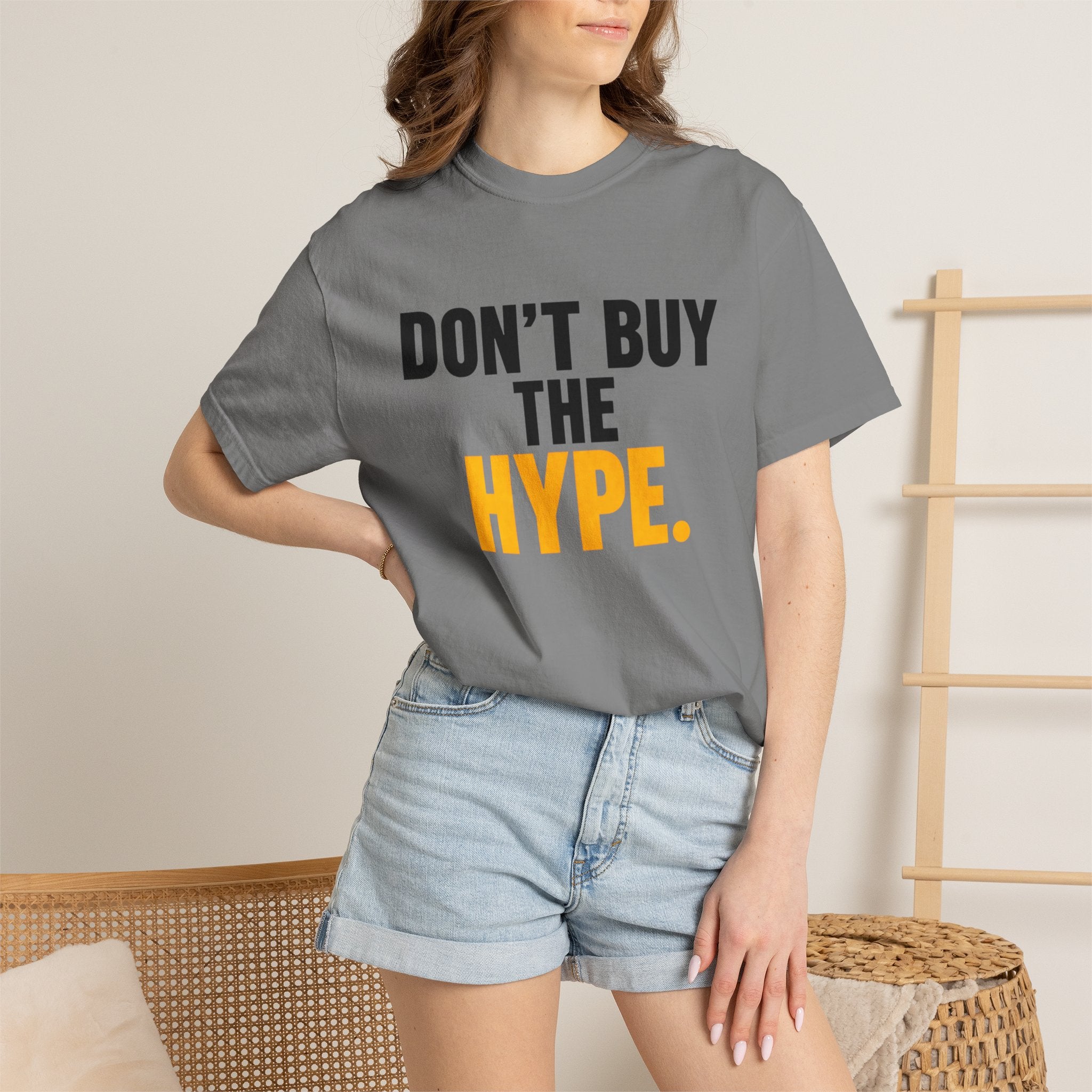 Don't Buy the Hype T-shirt | Typography Statement Tee, Black & Yellow Text