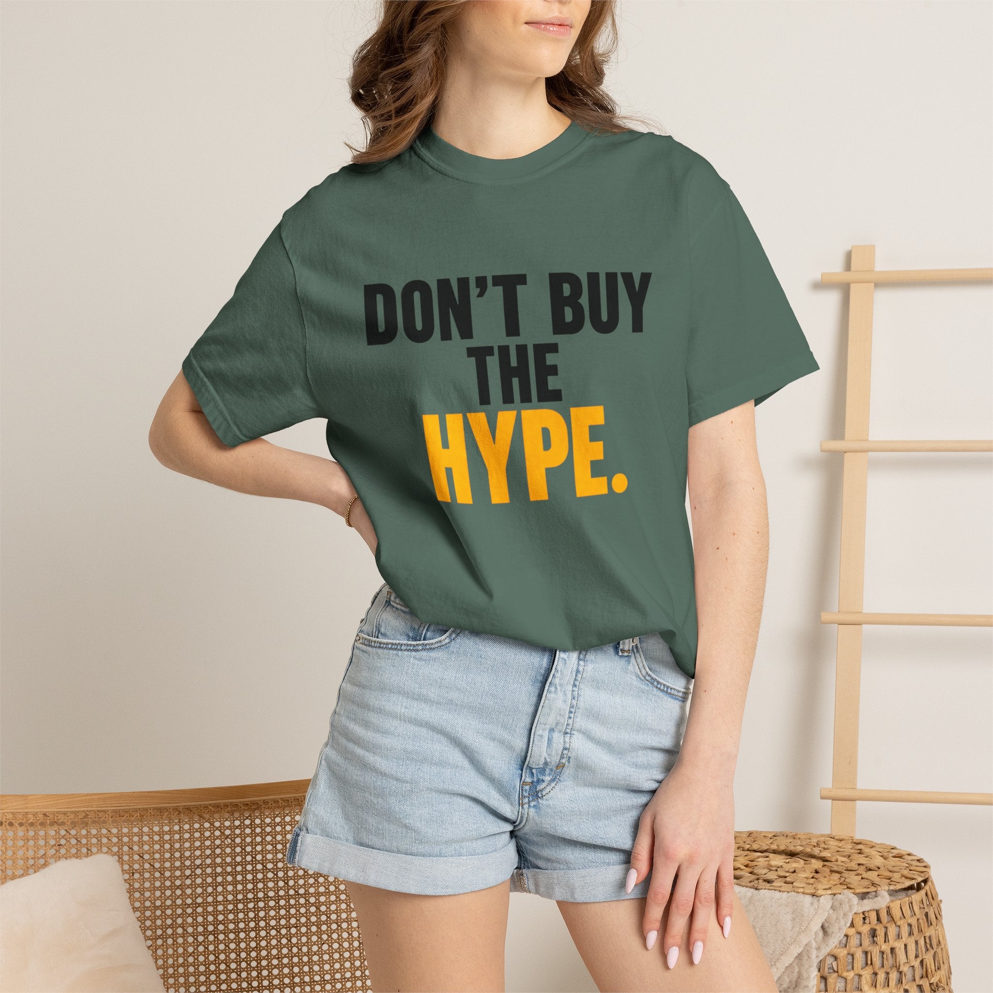 Don't Buy the Hype T-shirt | Typography Statement Tee, Black & Yellow Text