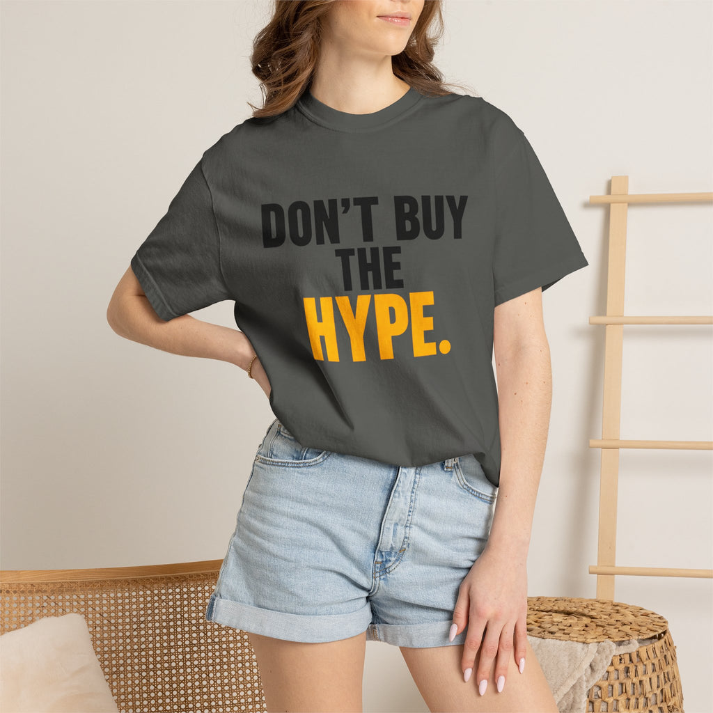 Don't Buy the Hype T-shirt | Typography Statement Tee, Black & Yellow Text
