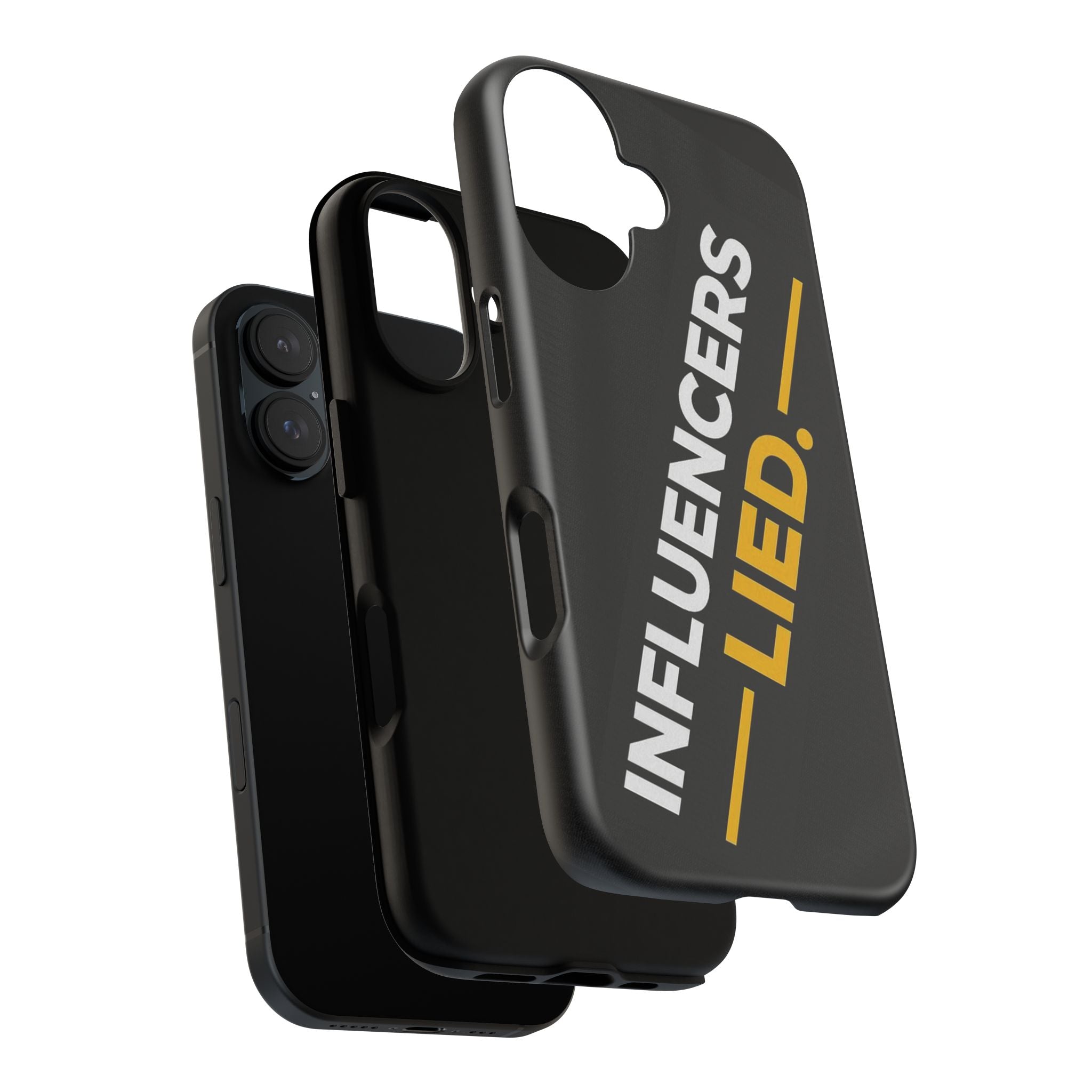 INFLUENCERS LIED phone case | Bold Slanted Text, Black & Gold